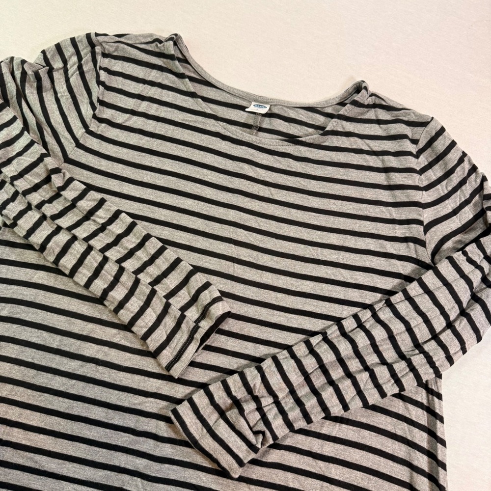Old Navy LS Knit Swing Dress Women L Petite Gray Black Striped Nautical Classic
